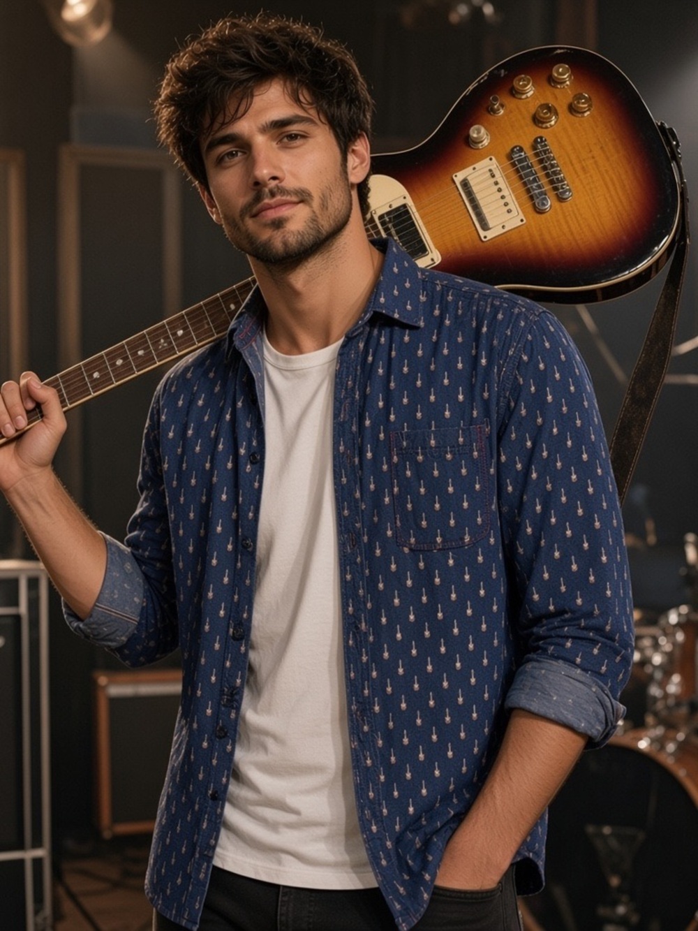 Vintage Italia Navy Blue Guitar Patterned Casual Button-Down Shirt